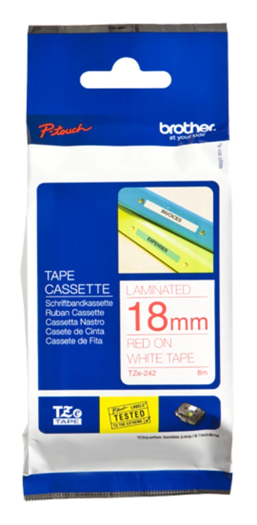 Brother Laminated tape 18mm, Red on white, TZe, Thermal transfer, Brother, PT-2100VP, PT-7600, PT-2430PC, PT-2700, PT-2730, PT-9600, PT-9700PC, PT-9800PCN, 1.8 cm