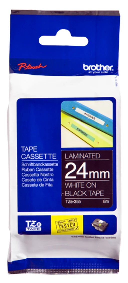Brother Laminated tape 24mm, White on black, TZe, Thermal transfer, Brother, PT-7600, PT-2430PC, PT-2700, PT-2730, PT-9600, PT-9700PC, PT-9800PCN, 2.4 cm