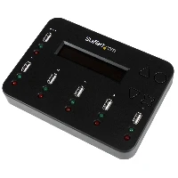 StarTech.com Standalone 1 to 5 USB Thumb Drive Duplicator and Eraser, Multiple USB Flash Drive Copier, System and File and Whole-Drive Copy at1.5 GB/min, Single and 3-Pass Erase, LCD Display, 110 - 240 V, 5 V, 5 - 95%, 5 - 45 C, -20 - 85 C, 120 x 167 x 25 mm