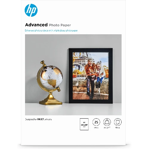 HP Advanced Photo Paper, Glossy, 250 g/m2, A4 (210 x 297 mm), 25 sheets, Gloss, 250 g/m, A4, Black, Blue, White, 25 sheets, Business