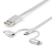 StarTech.com 1 m (3 f.t) USB Multi Charging Cable - USB to Micro-USB or USB-C or Lightning for iPhone / iPad / iPod / Android - Apple MFi Certified - 3 in 1 USB Charger - Braided, 1 m, USB A, Micro-USB B, USB 2.0, 480 Mbit/s, Silver