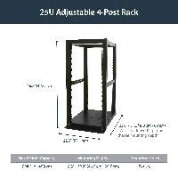 StarTech.com 25U Adjustable Depth 4 Post Open Frame Server Rack Cabinet, Freestanding rack, 25U, 450 kg, 39 kg, Black