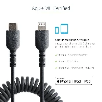 StarTech.com 1m (3ft) USB C to Lightning Cable, MFi Certified, Coiled iPhone Charger Cable, Black, Durable TPE Jacket Aramid Fiber, Heavy Duty Coil Lightning Cable, 1 m, Lightning, USB C, Male, Male, Black