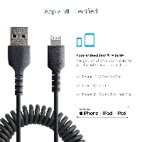 StarTech.com 50cm (20in) USB to Lightning Cable, MFi Certified, Coiled iPhone Charger Cable, Black, Durable TPE Jacket Aramid Fiber, Heavy Duty Coil Lightning Cable, 0.5 m, Lightning, USB A, Male, Male, Black
