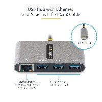 StarTech.com 3-Port USB-C Hub with Ethernet - 3x USB-A - Gigabit Ethernet - USB 3.0 5Gbps - Bus-Powered - 1ft/30cm Long USB Type-C Host Cable - GbE - Portable USB-C to USB-A Hub, USB 3.2 Gen 1 (3.1 Gen 1) Type-C, RJ-45, USB 3.2 Gen 1 (3.1 Gen 1) Type-A, 5000 Mbit/s, Grey, Plastic, Activity, Link