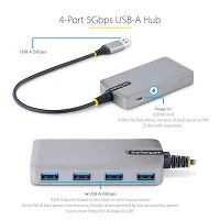 StarTech.com 4-Port USB Hub - USB 3.0 5Gbps, Bus Powered, USB-A to 4x USB-A Hub w/ Optional Auxiliary Power Input - Portable Desktop/Laptop USB Hub, 1ft/30cm Cable, USB Expansion Hub, USB 3.2 Gen 1 (3.1 Gen 1) Type-A, Micro-USB, USB 3.2 Gen 1 (3.1 Gen 1) Type-A, 5000 Mbit/s, Grey, Plastic, 0.3 m