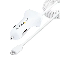 StarTech.com Lightning Car Charger with Coiled Cable, 1m Coiled Lightning Cable, 12W, White, 2 Port USB Car Charger Adapter for Phones and Tablets, Dual USB In Car iPhone Charger, Auto, Cigar lighter, 5 V, 1 m, White