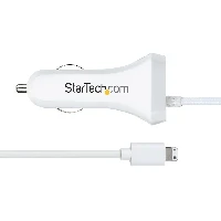 StarTech.com Lightning Car Charger with Coiled Cable, 1m Coiled Lightning Cable, 12W, White, 2 Port USB Car Charger Adapter for Phones and Tablets, Dual USB In Car iPhone Charger, Auto, Cigar lighter, 5 V, 1 m, White
