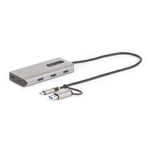 StarTech.com USB-C Multiport Adapter w/Attached USB-C to USB-A Dongle, Dual HDMI (4K30Hz/1080p60Hz), 3x USB-A 5Gbps, Mini Travel Dock, Laptop Docking Station, 1.3ft/40cm Cable, Wired, USB 3.2 Gen 1 (3.1 Gen 1) Type-C, Silver, 5 Gbit/s, 4K Ultra HD, 3840 x 2160 pixels