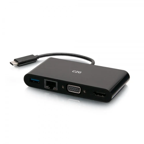 C2G USB-C to HDMI, VGA, USB-A, and RJ45 Multiport Adapter - 4K 30Hz - Black, Wired, USB 3.2 Gen 1 (3.1 Gen 1) Type-C, 10,100,1000 Mbit/s, Black, 5 Gbit/s, 3840 x 2160 pixels