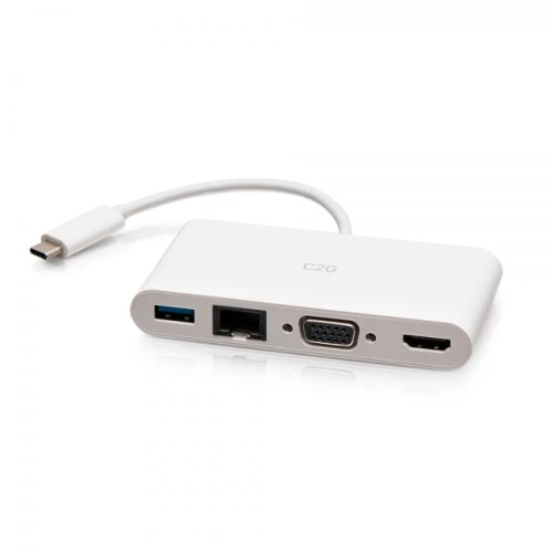 C2G USB-C to HDMI, VGA, USB-A, and RJ45 Multiport Adapter - 4K 30Hz - White, Wired, USB 3.2 Gen 1 (3.1 Gen 1) Type-C, 10,100,1000 Mbit/s, White, 1920 x 1200 pixels, 1920 x 1200 pixels