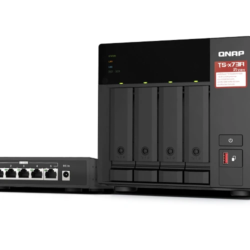 QNAP TS-473A + QSW-1105-5T Bundle Pack, NAS, Tower, Ryzen Embedded, V1500B, Black