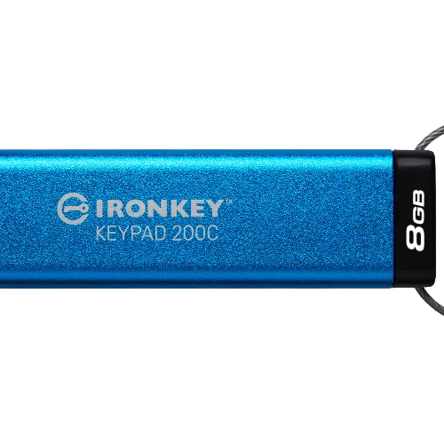 Kingston Technology IronKey 8GB USB-C Keypad 200C, FIPS 140-3 Lvl 3 (Pending) AES-256, 8 GB, USB Type-C, 3.2 Gen 1 (3.1 Gen 1), 145 MB/s, Sleeve, Blue