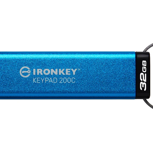 Kingston Technology IronKey 32GB USB-C Keypad 200C, FIPS 140-3 Lvl 3 (Pending) AES-256, 32 GB, USB Type-C, 3.2 Gen 1 (3.1 Gen 1), 145 MB/s, Sleeve, Blue