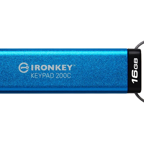 Kingston Technology IronKey 16GB USB-C Keypad 200C, FIPS 140-3 Lvl 3 (Pending) AES-256, 16 GB, USB Type-C, 3.2 Gen 1 (3.1 Gen 1), 145 MB/s, Sleeve, Blue
