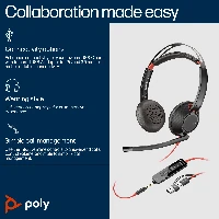 POLY Blackwire 5220 Stereo USB-C Headset +3.5mm Plug +USB-C/A Adapter, Wired, Business/Everyday, 162.5 g, Headset, Black