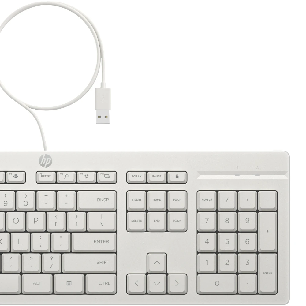 HP 225 Wired Mouse and Keyboard Combo White, Full-size (100%), Wired, USB, Membrane, White, Mouse included