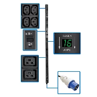 Tripp Lite PDUMV32HV 7.7kW Single-Phase Local Metered PDU, 200-240V Outlets (8 C19 and 40 C13), IEC-309 32A Blue Input, 10 ft. (3.05 m) Cord, 0U Vertical, TAA, 70 in., Metered, 0U, Vertical, Metal, Black, 48 AC outlet(s)