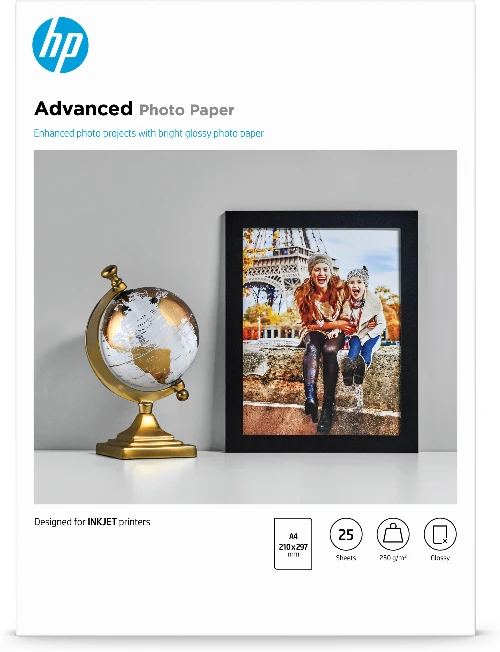 HP Advanced Photo Paper, Glossy, 250 g/m2, A4 (210 x 297 mm), 25 sheets, Gloss, 250 g/m, A4, Black, Blue, White, 25 sheets, Business