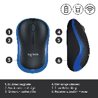 LogitechWirelessMouseM185,Ambidextrous,Optical,RFWireless,1000DPI,Black,Blue
