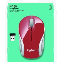 Logitech Wireless Mini Mouse M187, Ambidextrous, Optical, RF Wireless, 1000 DPI, Red
