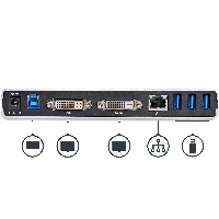 StarTech.com Dual-Monitor USB 3.0 Docking Station with DVI and Vertical Stand, Wired, USB 3.2 Gen 1 (3.1 Gen 1) Type-B, 3.5 mm, 10,100,1000 Mbit/s, IEEE 802.3, IEEE 802.3ab, IEEE 802.3u, Black, Silver