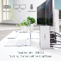 StarTech.com Dual-Monitor USB 3.0 Docking Station with DVI and Vertical Stand, Wired, USB 3.2 Gen 1 (3.1 Gen 1) Type-B, 3.5 mm, 10,100,1000 Mbit/s, IEEE 802.3, IEEE 802.3ab, IEEE 802.3u, Black, Silver