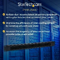 StarTech.com 1U Brush Strip Horizontal Server Rack Cable Management Panel, Cable management panel, Black, Steel, 1U, EIA RS310-D, CE, TAA, REACH