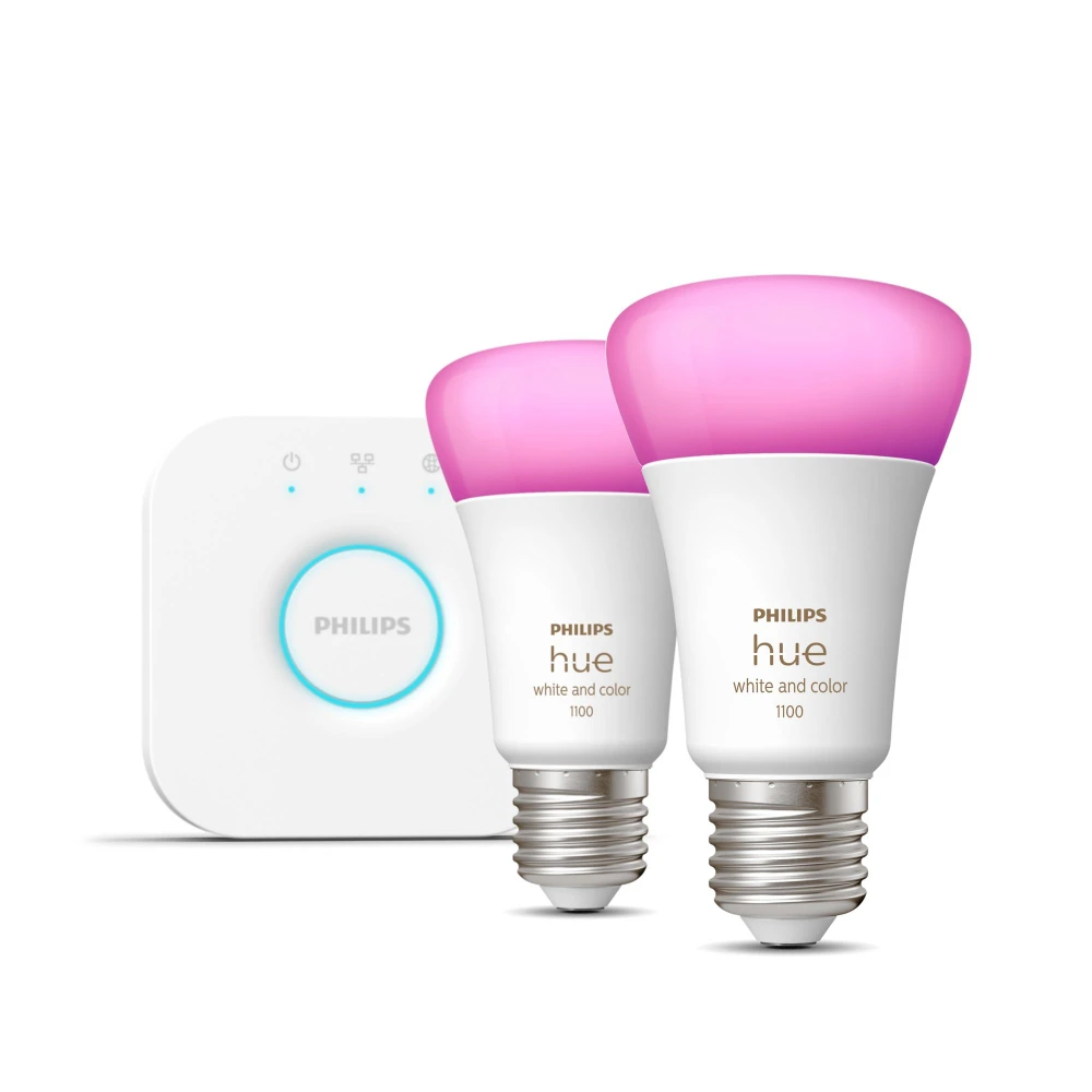 Philips Hue White and colour ambience Starter kit 2 E27 smart bulbs (1100), Smart lighting kit, White, Bluetooth/Zigbee, Integrated LED, E27, 2000 K