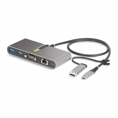 StarTech.com 2-Port USB-C Hub with Ethernet and RS-232, Attached USB-C to USB-A Dongle, 100W PD Pass-Through, 2x USB-A 5Gbps, Gigabit Ethernet, RS232 Serial (FTDI), Wired, USB 3.2 Gen 1 (3.1 Gen 1) Type-C, 100 W, 10,100,1000,2000 Mbit/s, IEEE 802.1Q, IEEE 802.1p, IEEE 802.3az, IEEE 802.3u, IEEE 802.3x, Grey